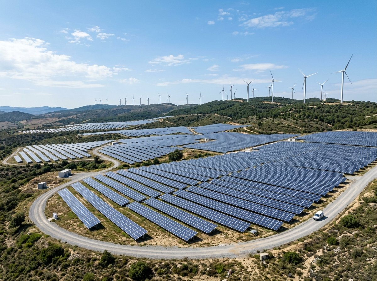 Solar energy panels and wind turbines landscape
